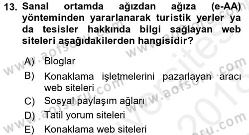 Konaklama Hizmetlerinde Kalite Yönetimi Dersi 2017 - 2018 Yılı (Final) Dönem Sonu Sınav Soruları 13. Soru