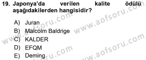 Konaklama Hizmetlerinde Kalite Yönetimi Dersi 2017 - 2018 Yılı (Final) Dönem Sonu Sınav Soruları 19. Soru