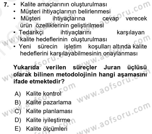Konaklama Hizmetlerinde Kalite Yönetimi Dersi 2018 - 2019 Yılı (Vize) Ara Sınav Soruları 7. Soru
