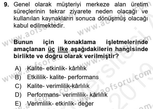 Konaklama Hizmetlerinde Kalite Yönetimi Dersi 2018 - 2019 Yılı (Final) Dönem Sonu Sınav Soruları 9. Soru
