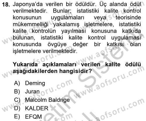 Konaklama Hizmetlerinde Kalite Yönetimi Dersi 2018 - 2019 Yılı Yaz Okulu Sınav Soruları 18. Soru