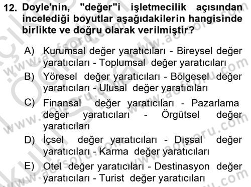 Konaklama Hizmetlerinde Kalite Yönetimi Dersi 2020 - 2021 Yılı Yaz Okulu Sınav Soruları 12. Soru