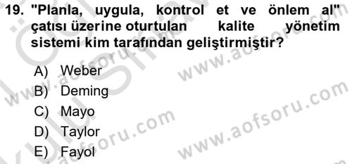 Konaklama Hizmetlerinde Kalite Yönetimi Dersi 2020 - 2021 Yılı Yaz Okulu Sınav Soruları 19. Soru
