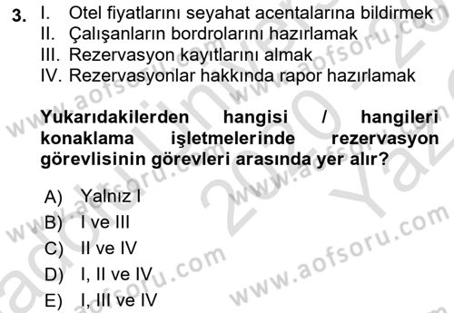 Konaklama Hizmetlerinde Kalite Yönetimi Dersi 2020 - 2021 Yılı Yaz Okulu Sınav Soruları 3. Soru