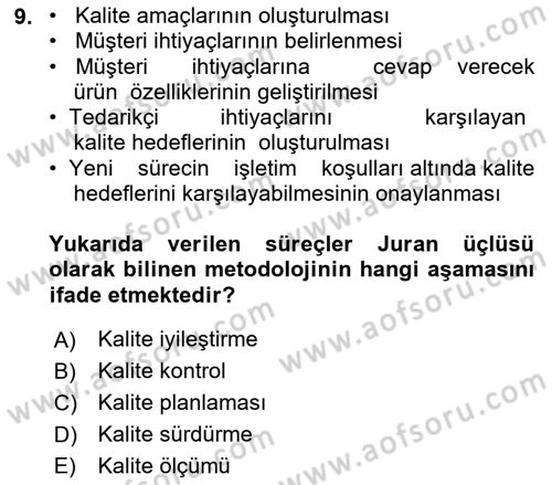 Konaklama Hizmetlerinde Kalite Yönetimi Dersi 2021 - 2022 Yılı (Vize) Ara Sınav Soruları 9. Soru