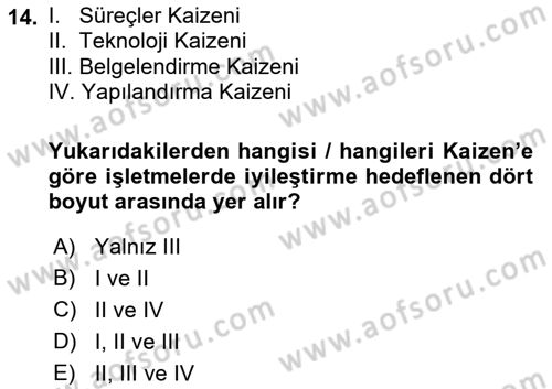 Konaklama Hizmetlerinde Kalite Yönetimi Dersi 2021 - 2022 Yılı (Final) Dönem Sonu Sınav Soruları 14. Soru