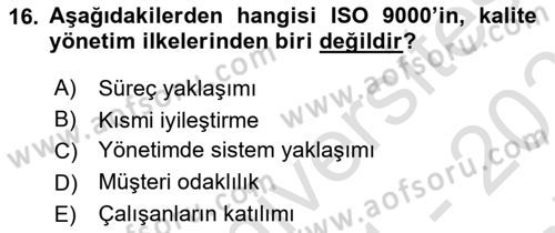 Konaklama Hizmetlerinde Kalite Yönetimi Dersi 2021 - 2022 Yılı (Final) Dönem Sonu Sınav Soruları 16. Soru