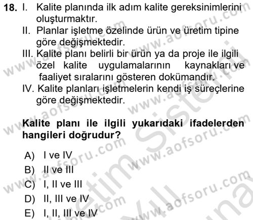 Konaklama Hizmetlerinde Kalite Yönetimi Dersi 2021 - 2022 Yılı (Final) Dönem Sonu Sınav Soruları 18. Soru