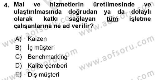 Konaklama Hizmetlerinde Kalite Yönetimi Dersi 2023 - 2024 Yılı (Final) Dönem Sonu Sınav Soruları 4. Soru