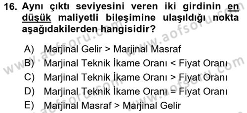 Tarım Ekonomisi Dersi 2016 - 2017 Yılı (Vize) Ara Sınav Soruları 16. Soru