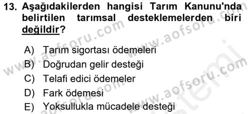 Tarım Ekonomisi Dersi 2017 - 2018 Yılı (Final) Dönem Sonu Sınav Soruları 13. Soru