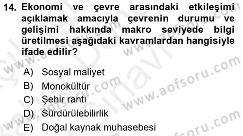 Tarım Ekonomisi Dersi 2018 - 2019 Yılı (Final) Dönem Sonu Sınav Soruları 14. Soru