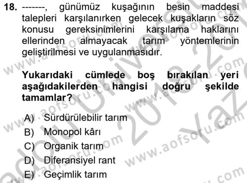 Tarım Ekonomisi Dersi 2018 - 2019 Yılı Yaz Okulu Sınav Soruları 18. Soru