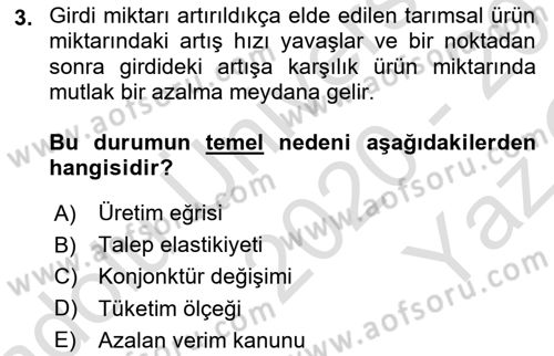 Tarım Ekonomisi Dersi 2020 - 2021 Yılı Yaz Okulu Sınav Soruları 3. Soru