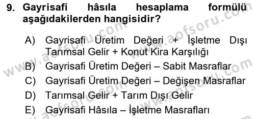 Tarım Ekonomisi Dersi 2020 - 2021 Yılı Yaz Okulu Sınav Soruları 9. Soru