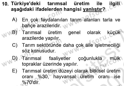 Tarım Ekonomisi Dersi 2021 - 2022 Yılı (Vize) Ara Sınavı 10. Soru