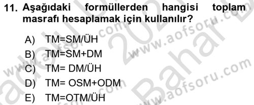 Tarım Ekonomisi Dersi 2021 - 2022 Yılı (Vize) Ara Sınavı 11. Soru