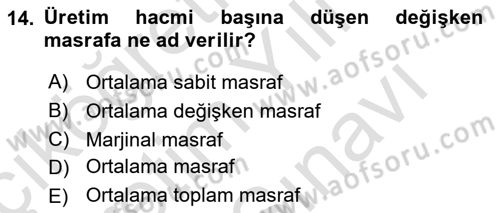 Tarım Ekonomisi Dersi 2021 - 2022 Yılı (Vize) Ara Sınavı 14. Soru