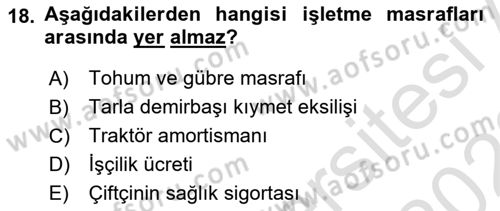 Tarım Ekonomisi Dersi 2021 - 2022 Yılı (Vize) Ara Sınavı 18. Soru