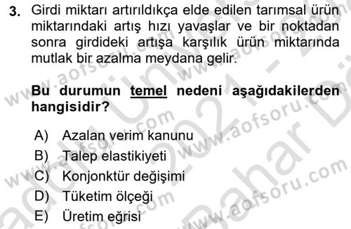 Tarım Ekonomisi Dersi 2021 - 2022 Yılı (Vize) Ara Sınavı 3. Soru