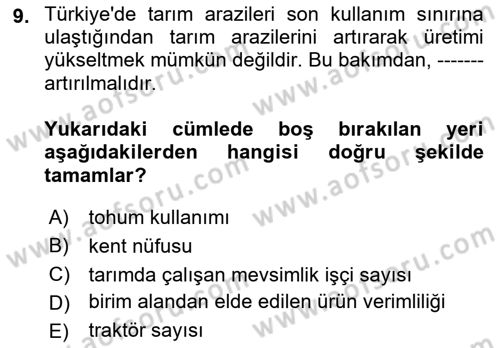 Tarım Ekonomisi Dersi 2021 - 2022 Yılı (Vize) Ara Sınavı 9. Soru