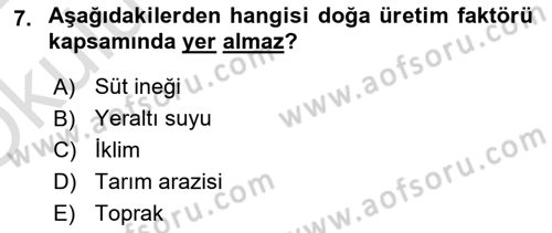 Tarım Ekonomisi Dersi 2021 - 2022 Yılı Yaz Okulu Sınav Soruları 7. Soru