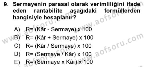Tarım Ekonomisi Dersi 2021 - 2022 Yılı Yaz Okulu Sınav Soruları 9. Soru