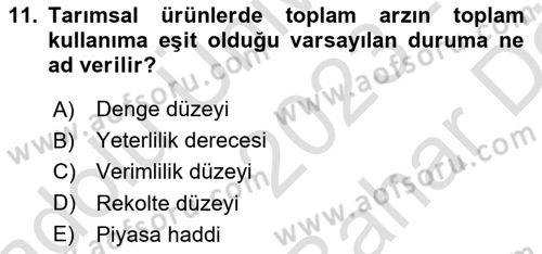 Tarım Ekonomisi Dersi 2023 - 2024 Yılı (Vize) Ara Sınavı 11. Soru
