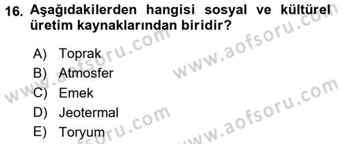 Tarım Ekonomisi Dersi 2023 - 2024 Yılı Yaz Okulu Sınav Soruları 16. Soru