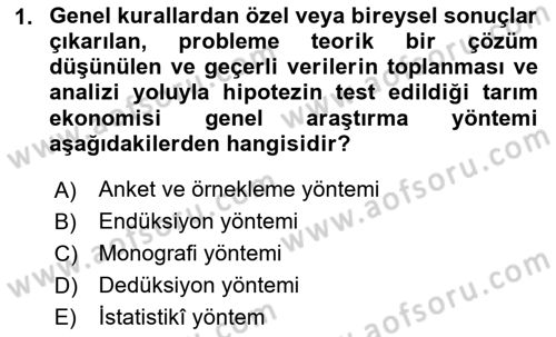 Tarım Ekonomisi Dersi 2024 - 2025 Yılı (Vize) Ara Sınav Soruları 1. Soru
