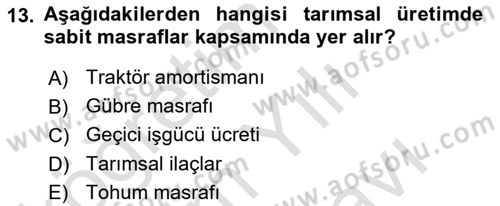 Tarım Ekonomisi Dersi 2024 - 2025 Yılı (Vize) Ara Sınav Soruları 13. Soru