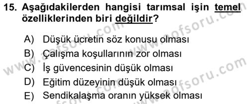 Tarım Ekonomisi Dersi 2024 - 2025 Yılı (Vize) Ara Sınav Soruları 15. Soru