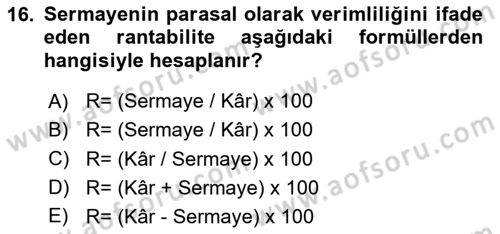 Tarım Ekonomisi Dersi 2024 - 2025 Yılı (Vize) Ara Sınav Soruları 16. Soru