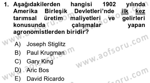 Tarım Ekonomisi Dersi 2024 - 2025 Yılı Yaz Okulu Sınav Soruları 1. Soru
