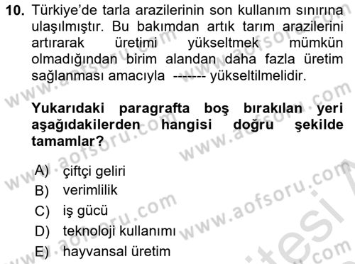 Tarım Ekonomisi Dersi 2025 - 2026 Yılı (Vize) Ara Sınav Soruları 10. Soru
