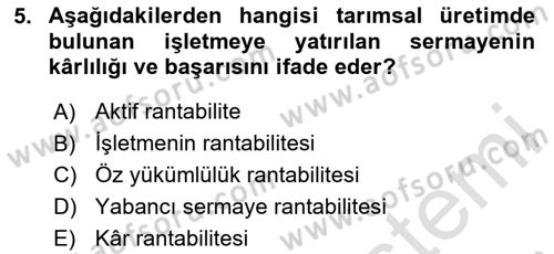Tarım Ekonomisi Dersi 2025 - 2026 Yılı (Final) Dönem Sonu Sınav Soruları 5. Soru