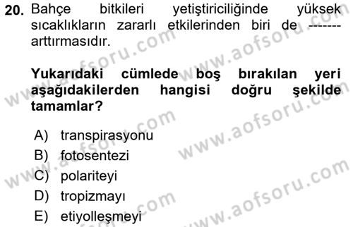 Bahçe Tarımı 1 Dersi 2017 - 2018 Yılı (Vize) Ara Sınav Soruları 20. Soru
