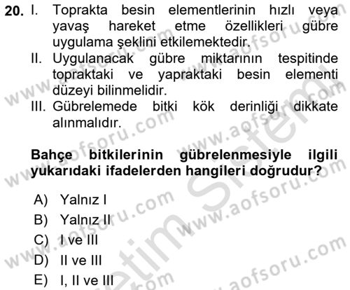 Bahçe Tarımı 1 Dersi 2018 - 2019 Yılı 3 Ders Sınav Soruları 20. Soru