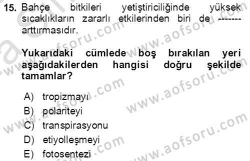 Bahçe Tarımı 1 Dersi 2021 - 2022 Yılı (Vize) Ara Sınav Soruları 15. Soru