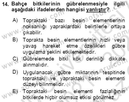 Bahçe Tarımı 1 Dersi 2021 - 2022 Yılı Yaz Okulu Sınav Soruları 14. Soru