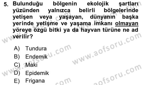 Ekoloji ve Çevre Bilgisi Dersi 2016 - 2017 Yılı (Final) Dönem Sonu Sınav Soruları 5. Soru