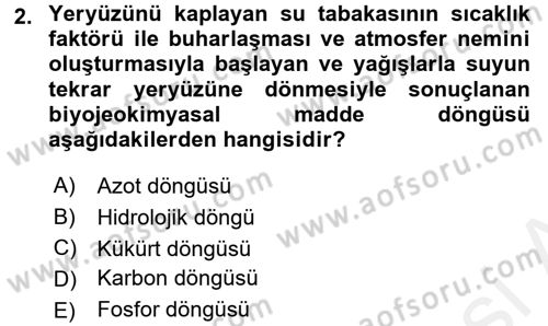 Ekoloji ve Çevre Bilgisi Dersi 2017 - 2018 Yılı 3 Ders Sınavı 2. Soru