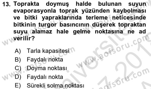 Ekoloji ve Çevre Bilgisi Dersi 2017 - 2018 Yılı (Vize) Ara Sınav Soruları 13. Soru