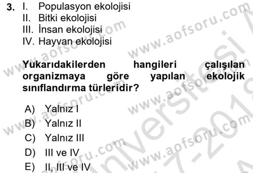 Ekoloji ve Çevre Bilgisi Dersi Ara Sınavı Deneme Sınav Soruları 3. Soru