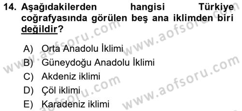 Ekoloji ve Çevre Bilgisi Dersi 2018 - 2019 Yılı 3 Ders Sınav Soruları 14. Soru