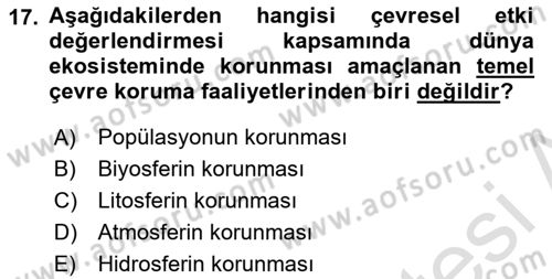 Ekoloji ve Çevre Bilgisi Dersi 2018 - 2019 Yılı 3 Ders Sınav Soruları 17. Soru