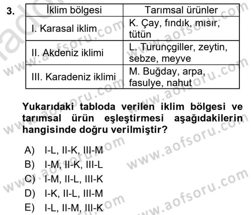 Ekoloji ve Çevre Bilgisi Dersi 2018 - 2019 Yılı 3 Ders Sınav Soruları 3. Soru