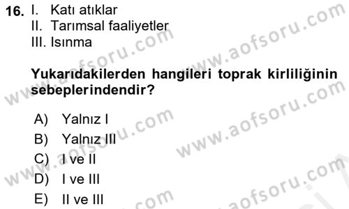 Ekoloji ve Çevre Bilgisi Dersi 2018 - 2019 Yılı (Final) Dönem Sonu Sınav Soruları 16. Soru