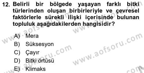 Ekoloji ve Çevre Bilgisi Dersi 2018 - 2019 Yılı Yaz Okulu Sınav Soruları 12. Soru