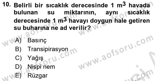 Ekoloji ve Çevre Bilgisi Dersi 2019 - 2020 Yılı (Vize) Ara Sınav Soruları 10. Soru